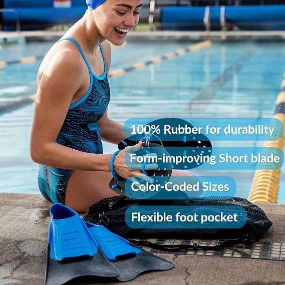 Sporti Adult-Kid Short Swim Fins for Pool Lap Swimming, Floating Fins for Swimming & Snorkeling, Swim Flippers for Training
