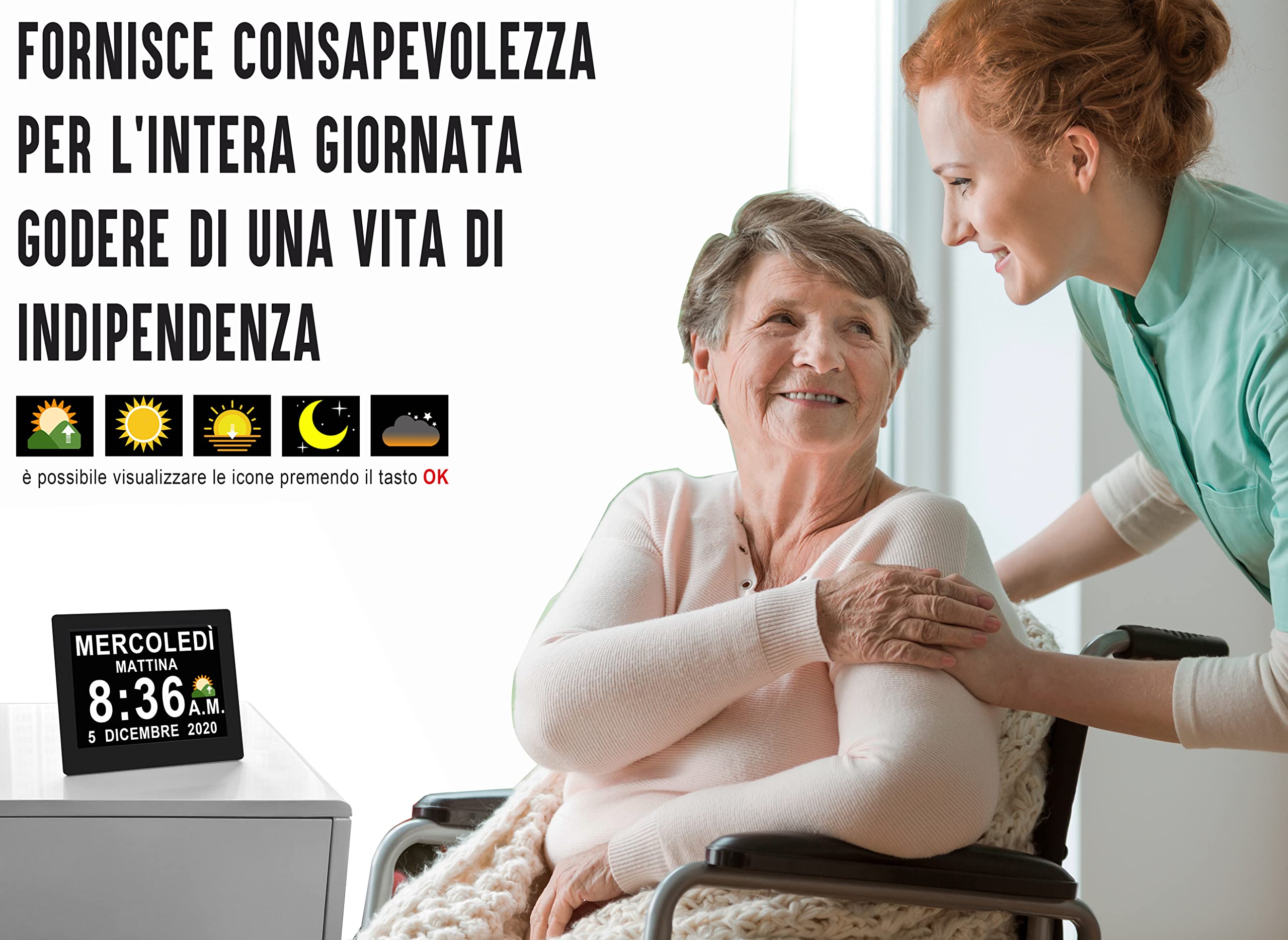Véfaîî Sveglia Digitale Orologio Parete 2.0, 19 Allarmi & Promemoria Personalizzati, 10 Opzioni Oscuramento Automatico, Datario Non-Abbreviato per Anziani Ipovedenti Demenza, con Telecomando