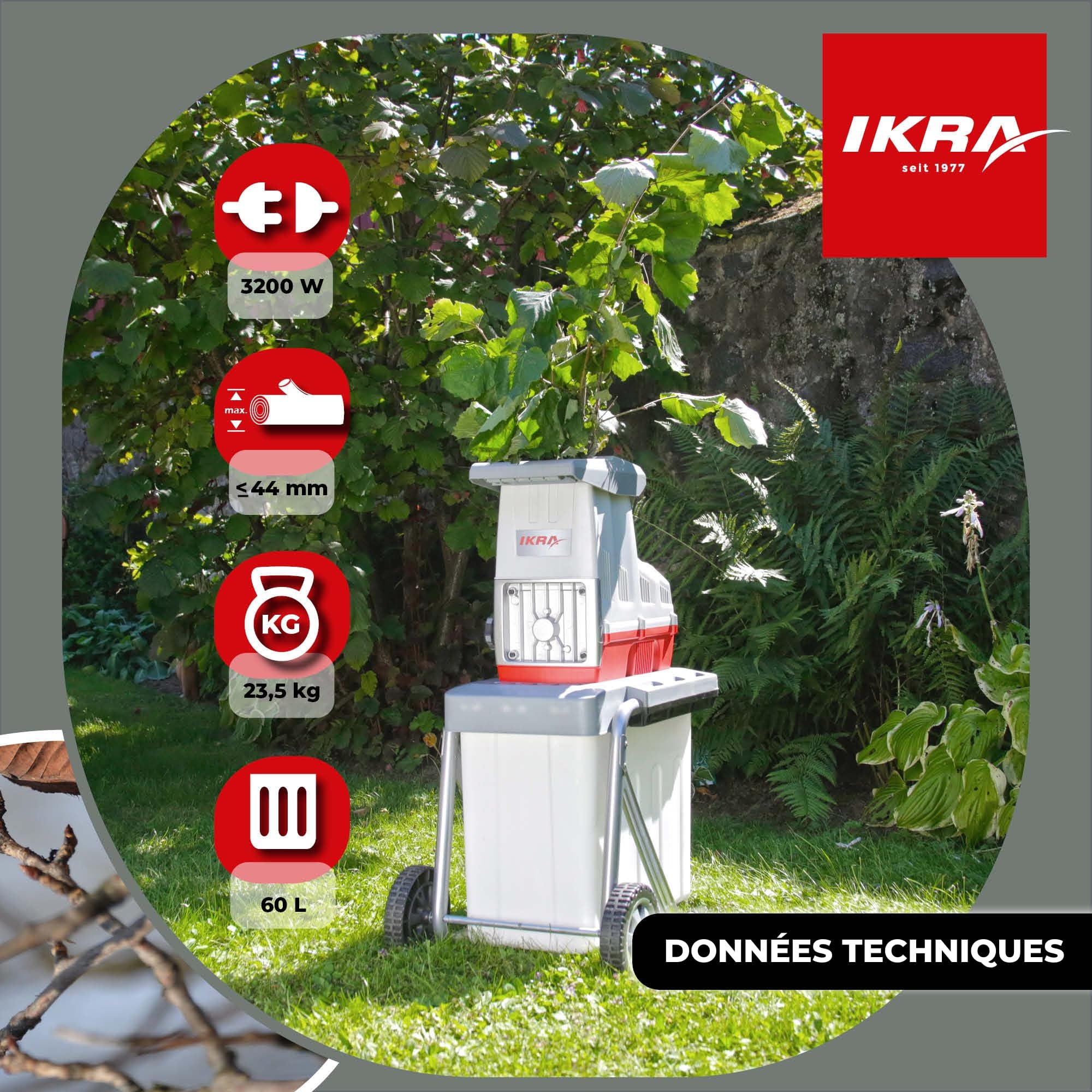 IKRA broyeur électrique ILH 3200 A - silencieux, robuste, peu d'entretien, puissance de 3200 W, épaisseur de branche jusqu'à 44 mm
