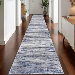 KOZYFLY Modern Abstract Washable Rug Runner 2.6x18 Hallway Rug Runner Non-Slip Soft Kitchen Runner Rugs, Distressed Grey-Blue Striped Carpet for Entryway Bathroom Laundry Room Foyer