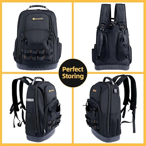 Miniatura 7 de Mochila de herramientas resistente, bolsa de herramientas para hombres, tela Oxford impermeable con base de plástico, gran capacidad de 19 pulgadas