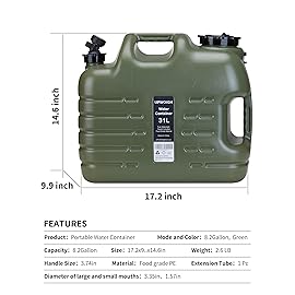UPWOIGH Camping Water Container, 8.2 Gallon Water Jug(17.2x14.6x9.9 in), Truly No Leakage Water Storage, Big Green Water Tank,BPA Free Portable Emergency Water Storage for Camping, Hiking,Hurricane