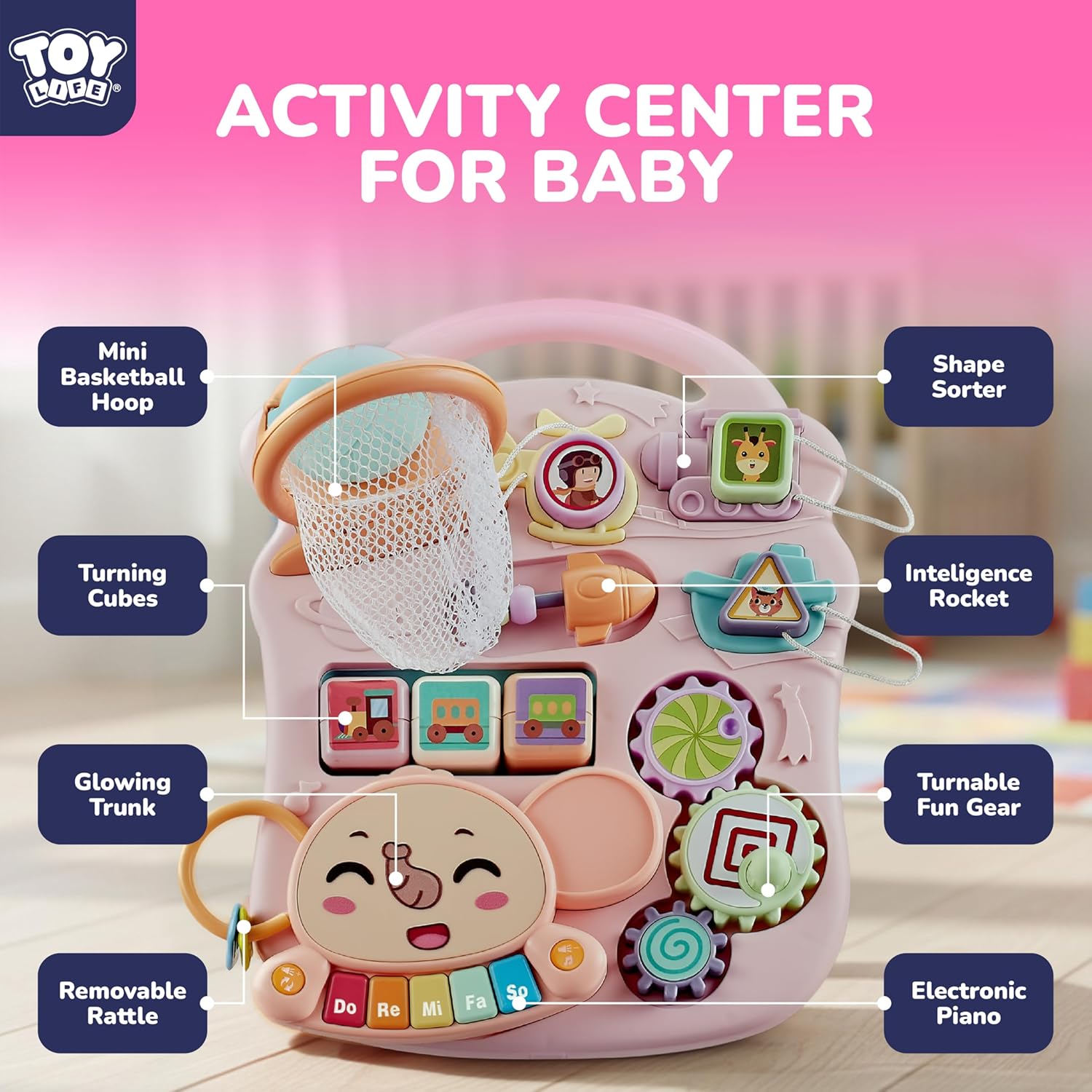 TOY Life 3 in 1 Baby Push Walker and Activity Center for Girl, Sit to Stand Walker for Babies 6-12 Months, Walking Toys with Music Panel for Infants and Toddlers Learning to Walk Pink