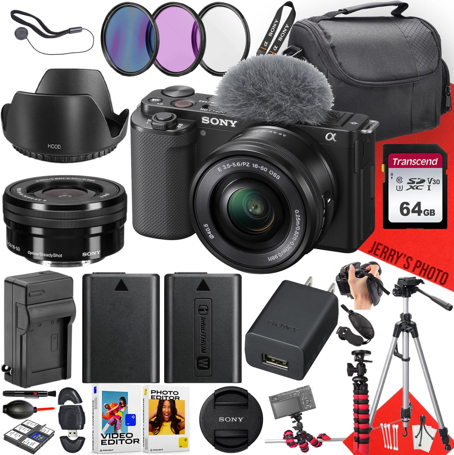 Sony ZV-E10 Mirrorless Camera with Sony E PZ 16-50mm F/3.5-5.6 OSS Lens + 64 GB Memory + Spider Tripod + Camera Case + Tripod + Card Reader + Extra Battery + More (27pc Bundle)