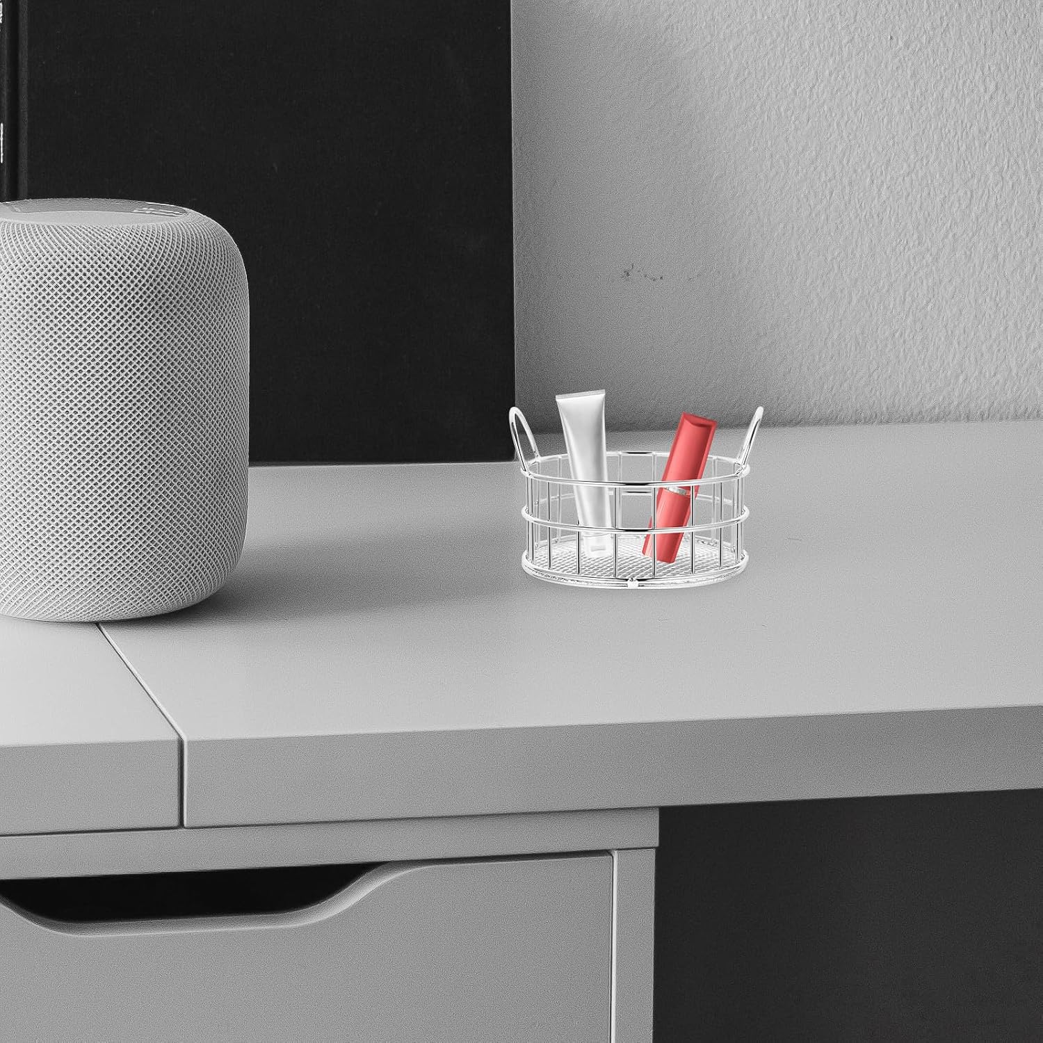 KICHOUSE Metal Chopsticks Storage Basket for Desktop and Bedroom Use Iron Material with Smooth Line Design Versatile Storage Holder for Sunglasses and Skin Care Products Silver Color