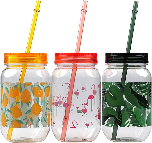 BWG Set of 3 Plastic Drinking Cups/Mason Jars With Lid And Straw - Flamingo, Palm, Summer Designs