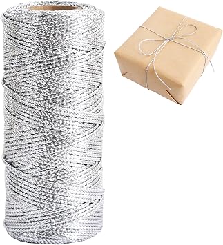 TONIFUL 110 Yards Silver Decorative String - Silver Twine Cord for Baker Crafts Gift Wrapping Gifts Tags Ornaments Hanging Christmas Decoration2mm