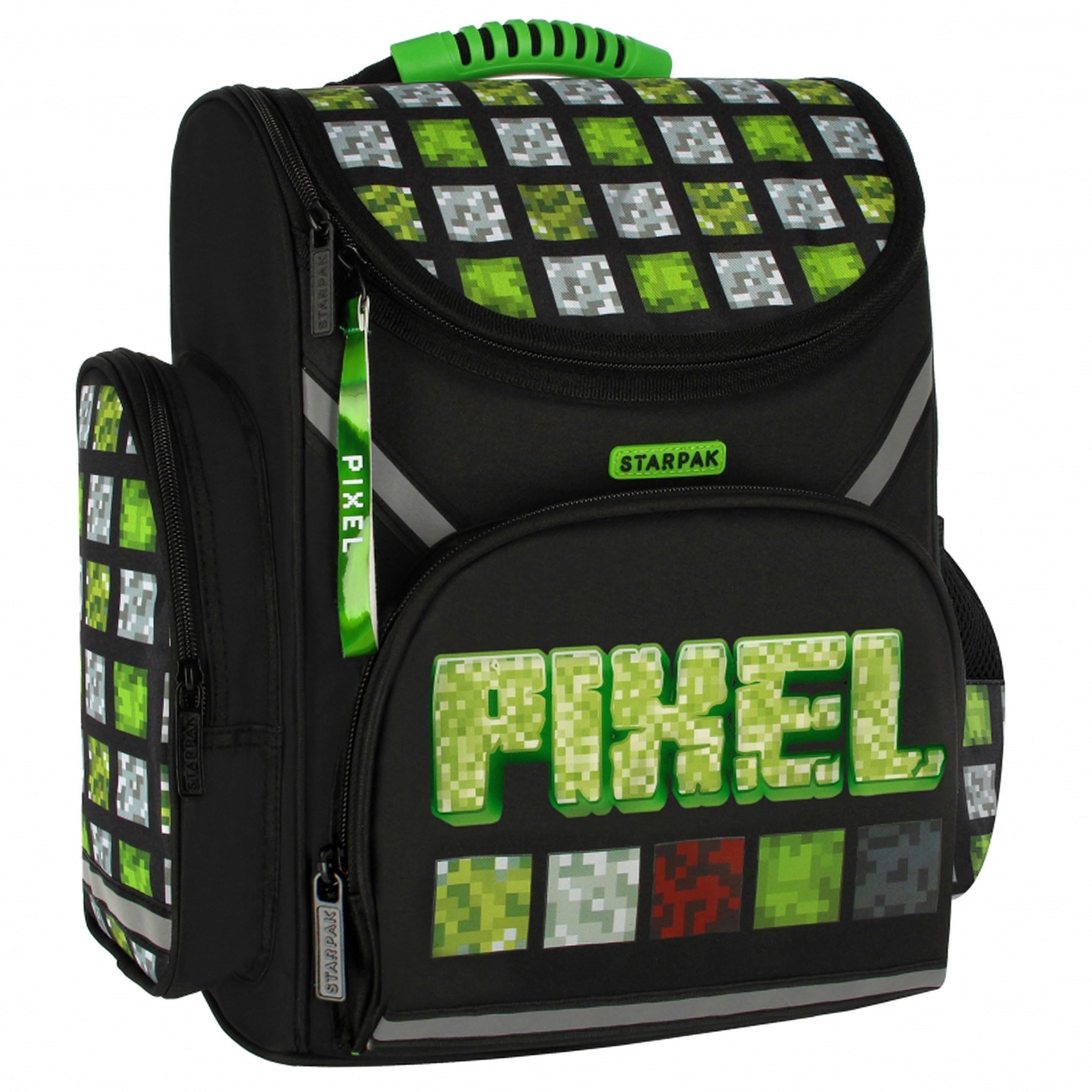 sarcia.eu Pixel Game schwarz-grüner Schulrucksack für Jungen, Schulranzen 37x32x20cm