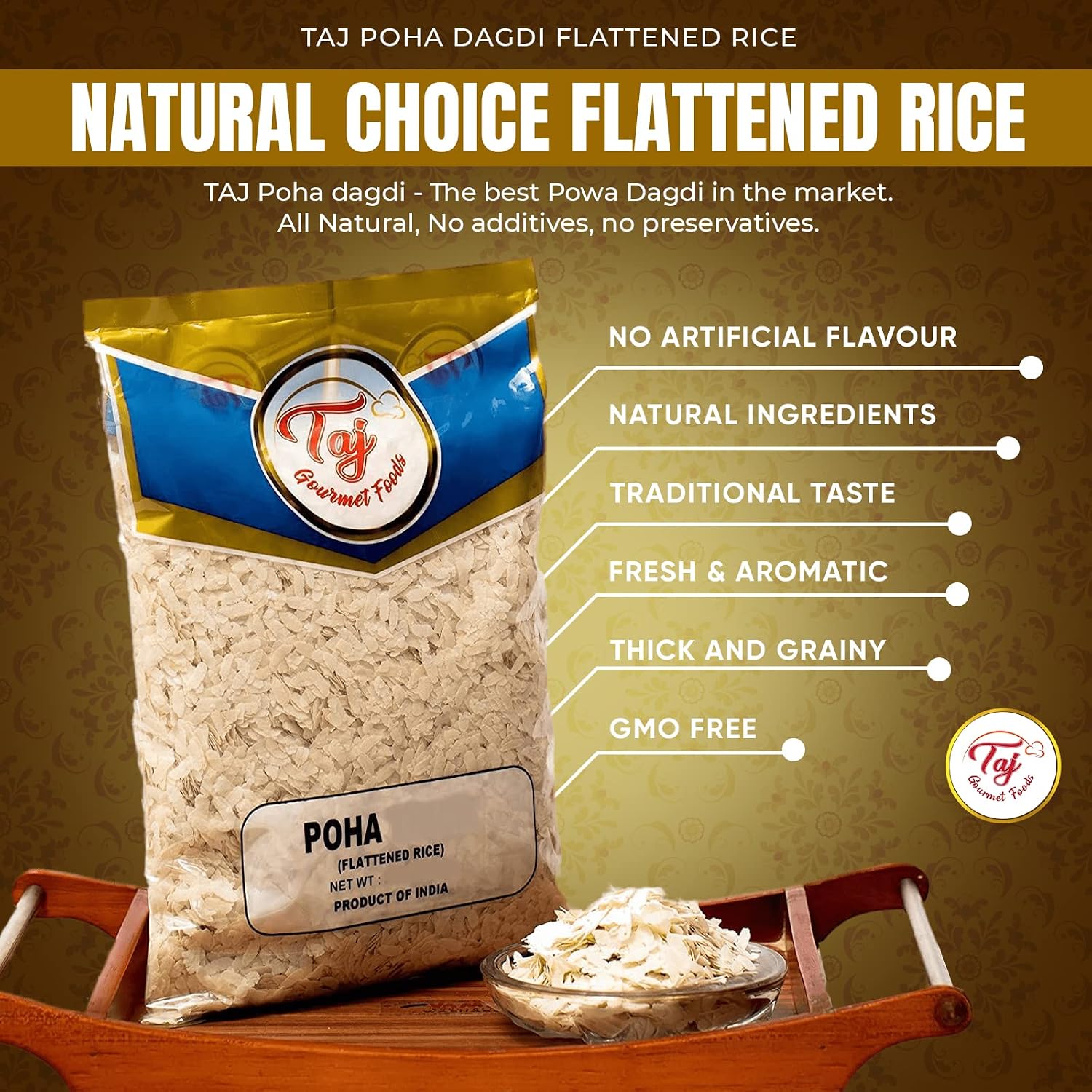 TAJ Poha Flattened Rice, Poha Thin Cut, Powa, 2-Pounds (Pack of 2)