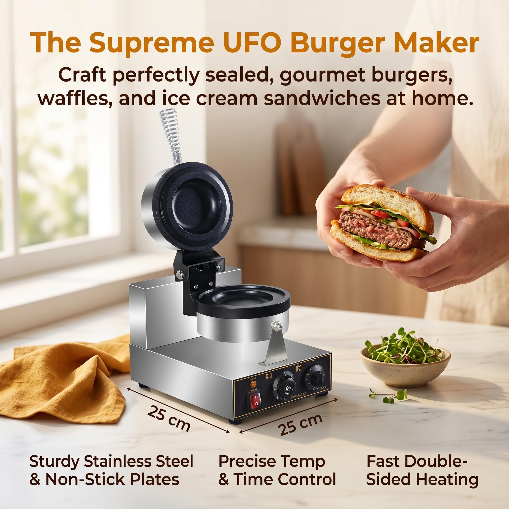 Piastra per Panini E per Hamburger Brioche da 1200 W per Uso Commerciale, Scalda Panini Elettrico per Ciambelle, Krapfen E Brioche.