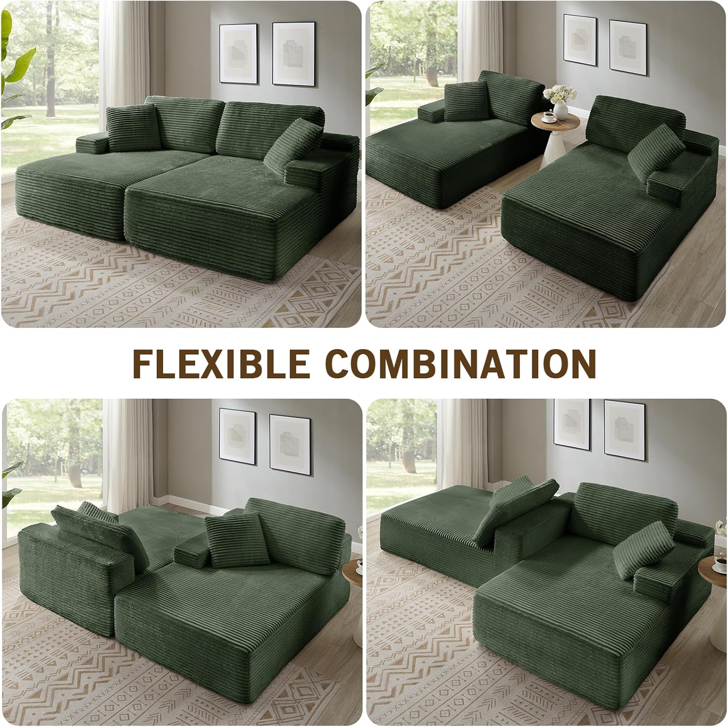 89.3” Oversized Double Chaise Lounge Indoor, Green Corduroy Chaise Lounge Chair, Upholstered Sleeper Sofa Bed, Deep Seat Sleeper Loveseat Reading Chairs, Boneless Cloud Couch for Living Room Bedroom