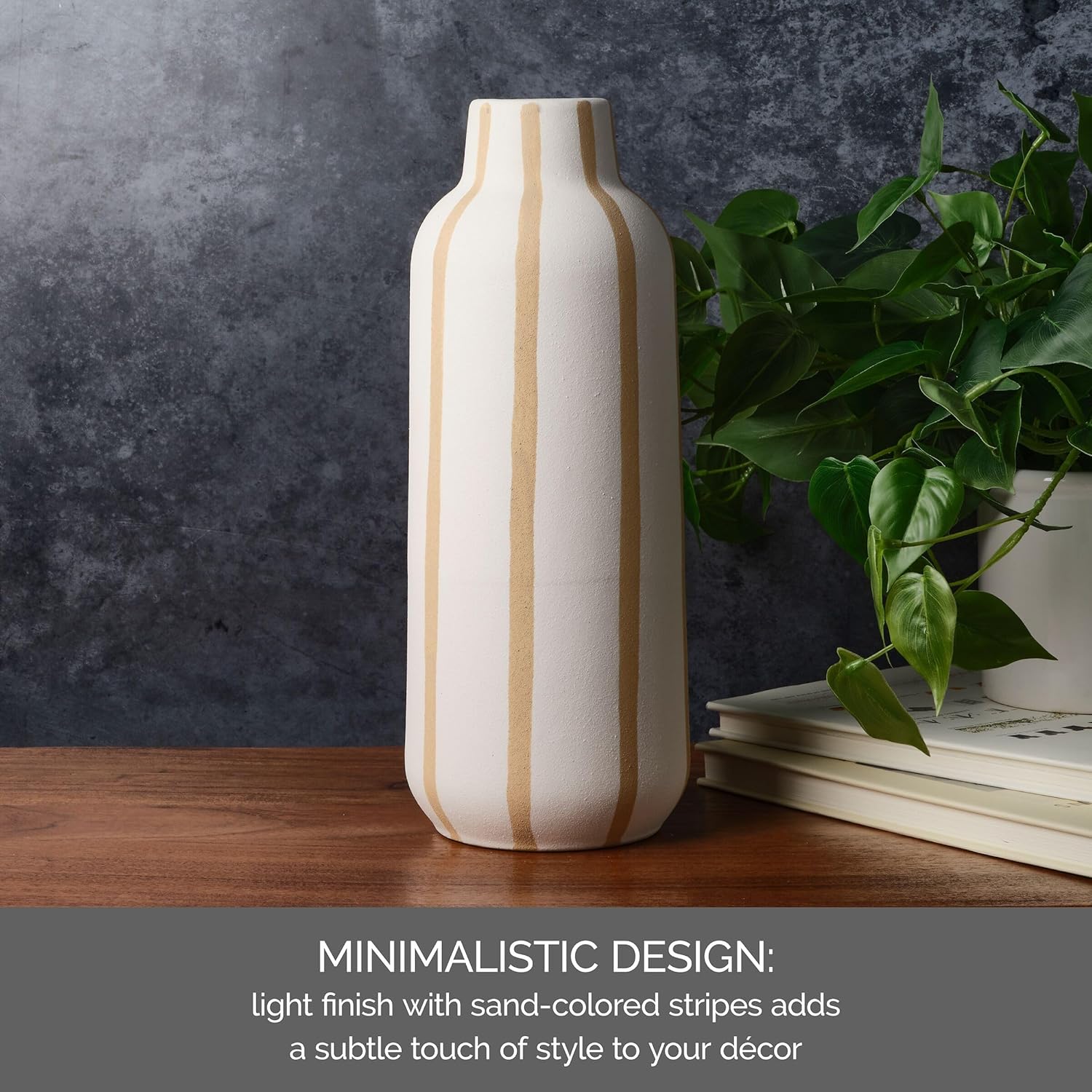 Elements Sand Stripe Textured Stoneware Ceramic Vase, 5x5x12.99 Inch