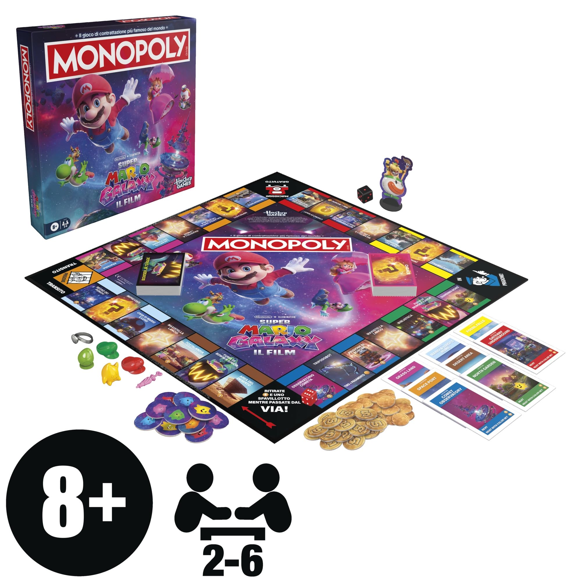 Monopoly: Super Mario Galaxy Der Film, Brettspiel, Spaß für die ganze Familie, geeignet für Kinder, Mädchen, Jugendliche und Erwachsene, von 2 bis 6 Spielern, ab 8 Jahren - italienische Version
