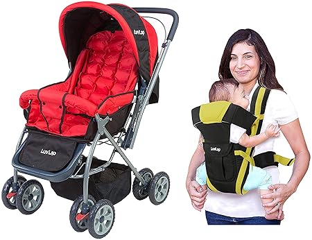Luvlap Starshine Stroller/Pram, Easy Fold for Newborn Baby/Kids, 0-3 Years (Red) (18135) & Elegant Baby Carrier with 4 carry positions, for 4 to 24 months baby, Max weight Up to 15 Kgs (Black & Green)