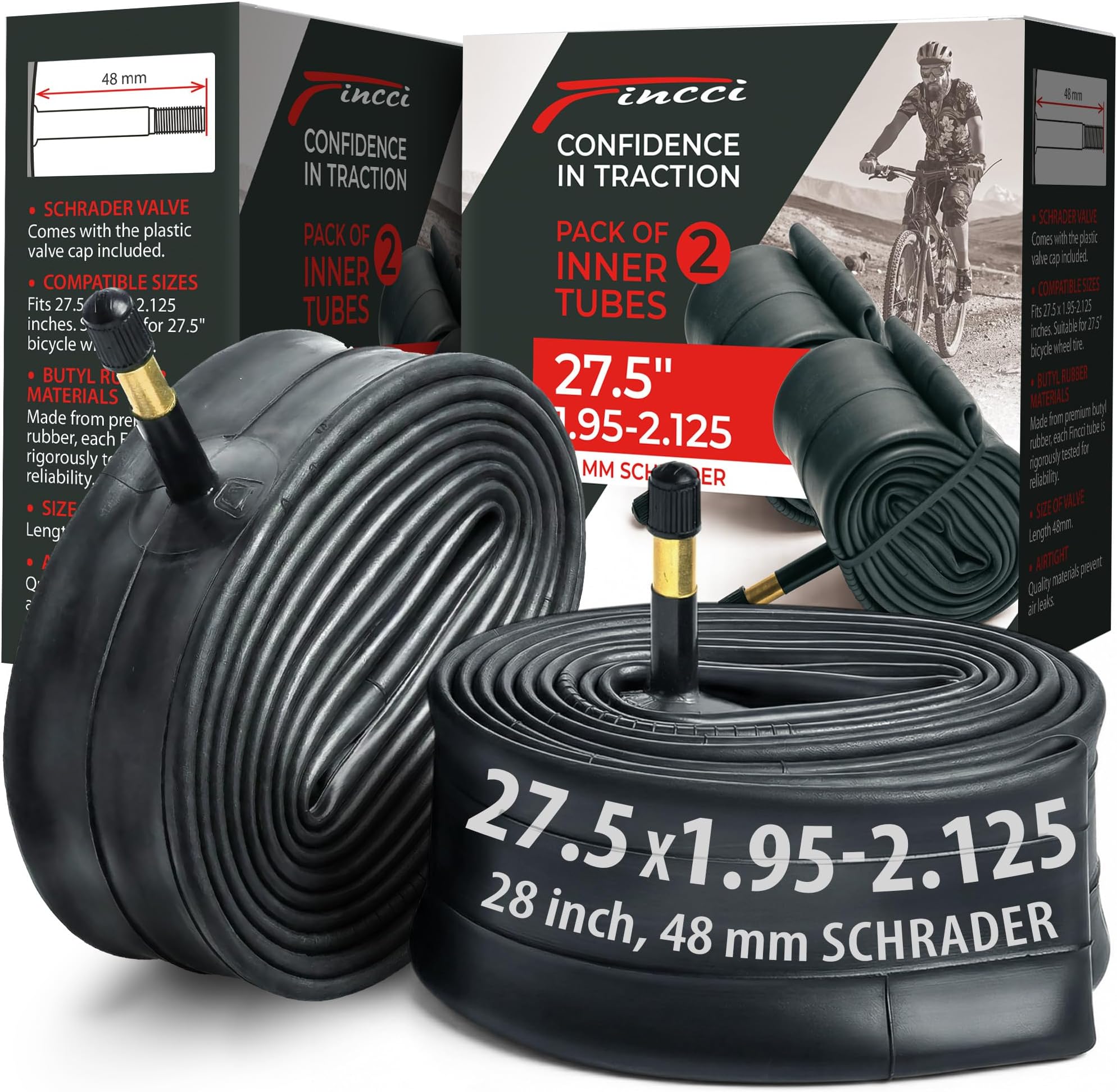 Fincci Inner Tubes 27.5 inch - Pair Durable Bike Inner Tube 27.5 x 1,95 x 2.125 with 48 mm Schrader Valve - Reliable Air Retention & Easy to Install for 27.5 MTB Tyres, Mountain, Road, Hybrid, E bikes