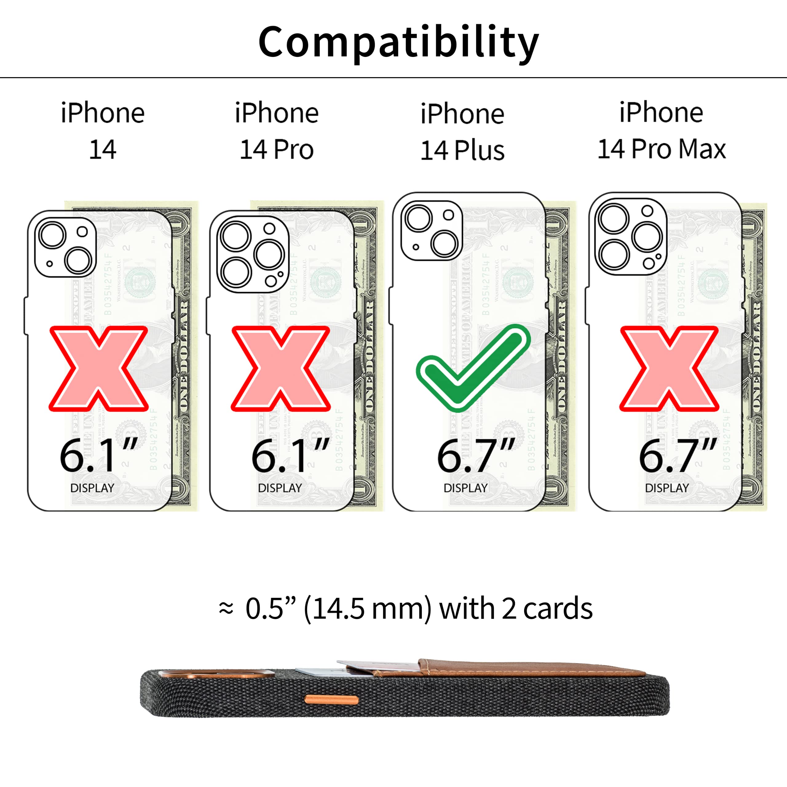 Dockem Custodia Portacarte in Tessuto per iPhone 14 Plus con Piastra Metallica Integrata per Montaggio Magnetico, Portafoglio Cucito in Vera Pelle con 2 Slot per Carte di Credito/ID: M2F
