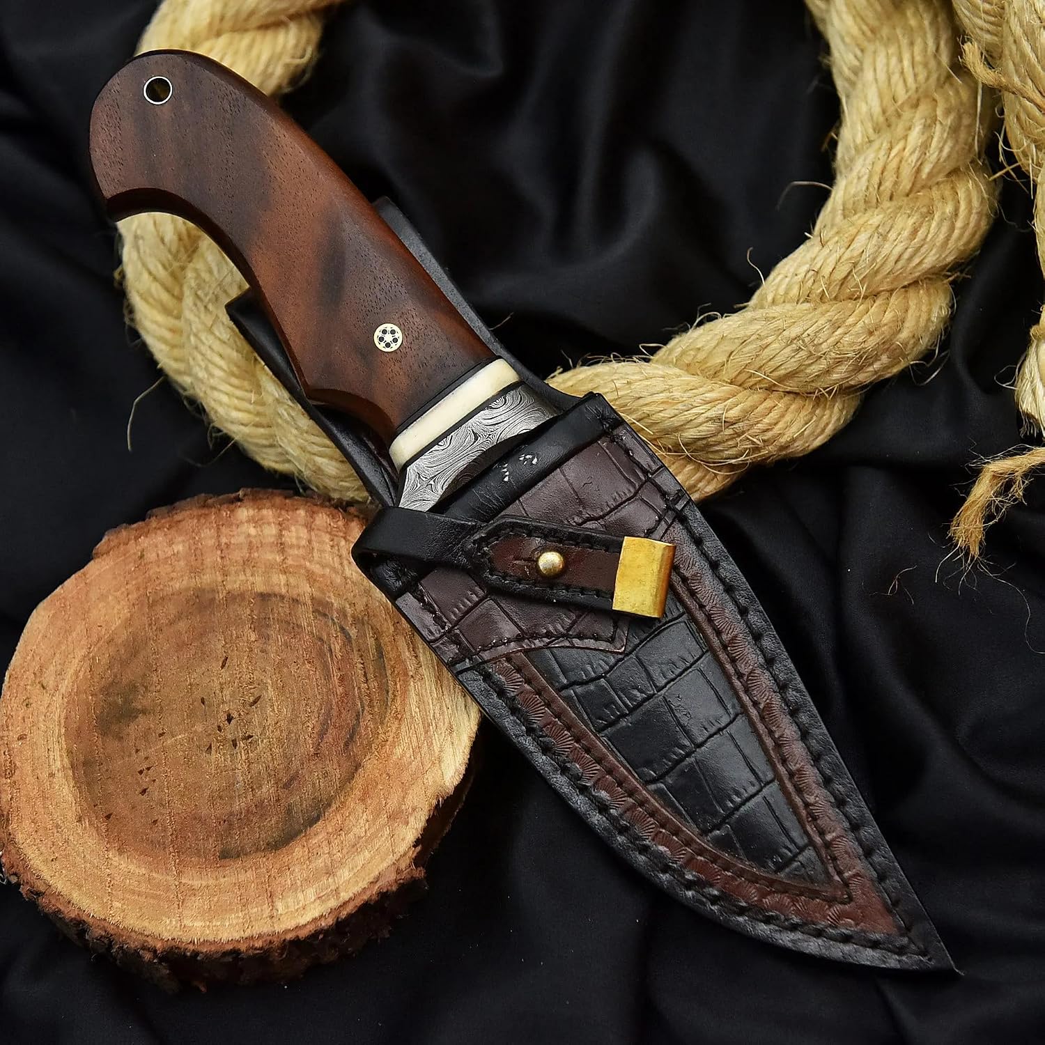10″ Handmade Damascus Hunting Knife with Leather Sheath – Recurve Fixed Blade with Hollow Grinds for Skinning, Camping, Bushcraft – Full Tang Outdoor Knife with Walnut Burl Handle