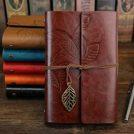 Senon Retro Vintage Yaprak Baskılı Kolye Uçlu Deri Kapaklı Günlük Not Defteri Özel Tasarım Hediyelik Kahverengi