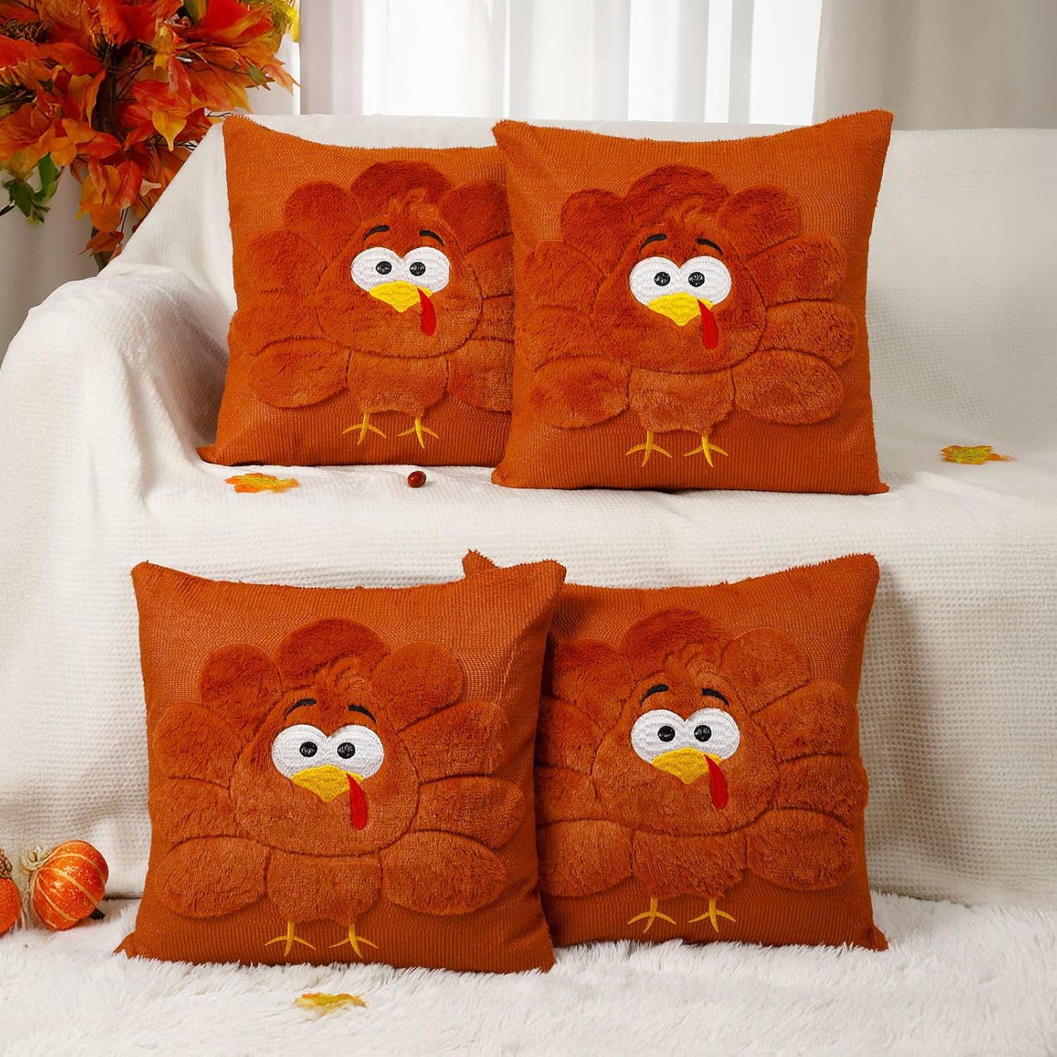 Tudomro 4 Pcs Thanksgiving Turkey Throw Pillow Cover 18x18 Inch Caramel Color 3D Embroidered Soft Faux Fur Pillow Case for Thanksgiving Day Gifts for Autumn Sofa Couch Home Bedroom Farmhouse Decor 18" x 18" (Pack of 4) Caramel Color 4
