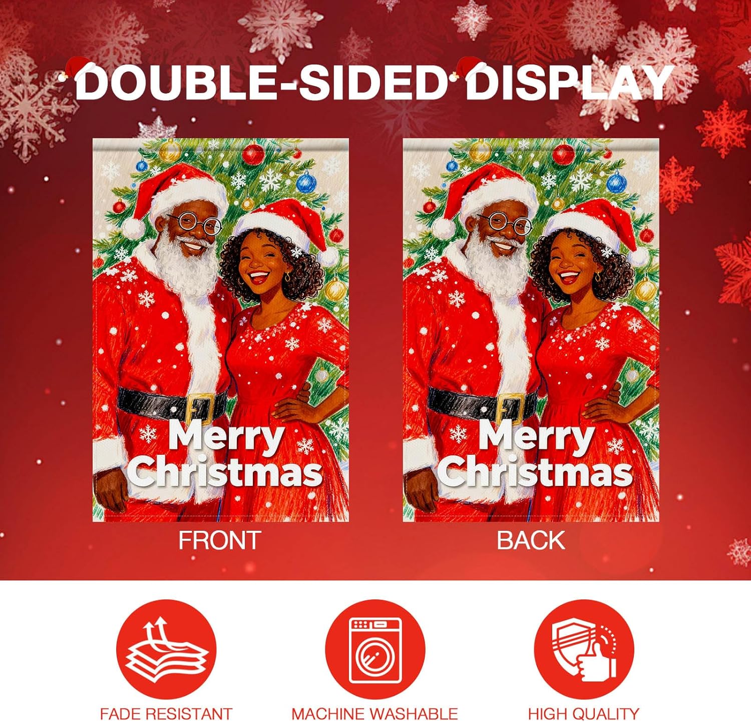 Black Santa and African American Mrs Claus Merry Christmas Garden Flag 12x18 Inch Double Sided Holiday Couple Yard Banner Seasonal Outdoor Winter Decoration with Tree for Porch Lawn Patio - Image 3