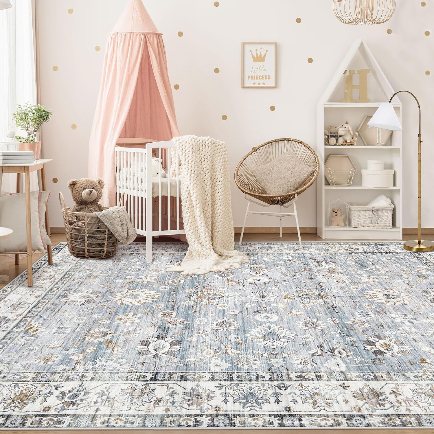 XLUEZ Area Rug 5x7 Living Room Rug, Machine Washable Vintage Distressed Boho Area Rug Non-Slip Soft Low Pile Large Indoor Rugs for Bedroom Kitchen Dining Room Office(Light Blue,5'x7') thumbnail