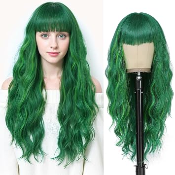 VERNA Green Wigs for Women Wig with Bangs 26 inch Curly Soft Synthetic Wigs for Daily Party