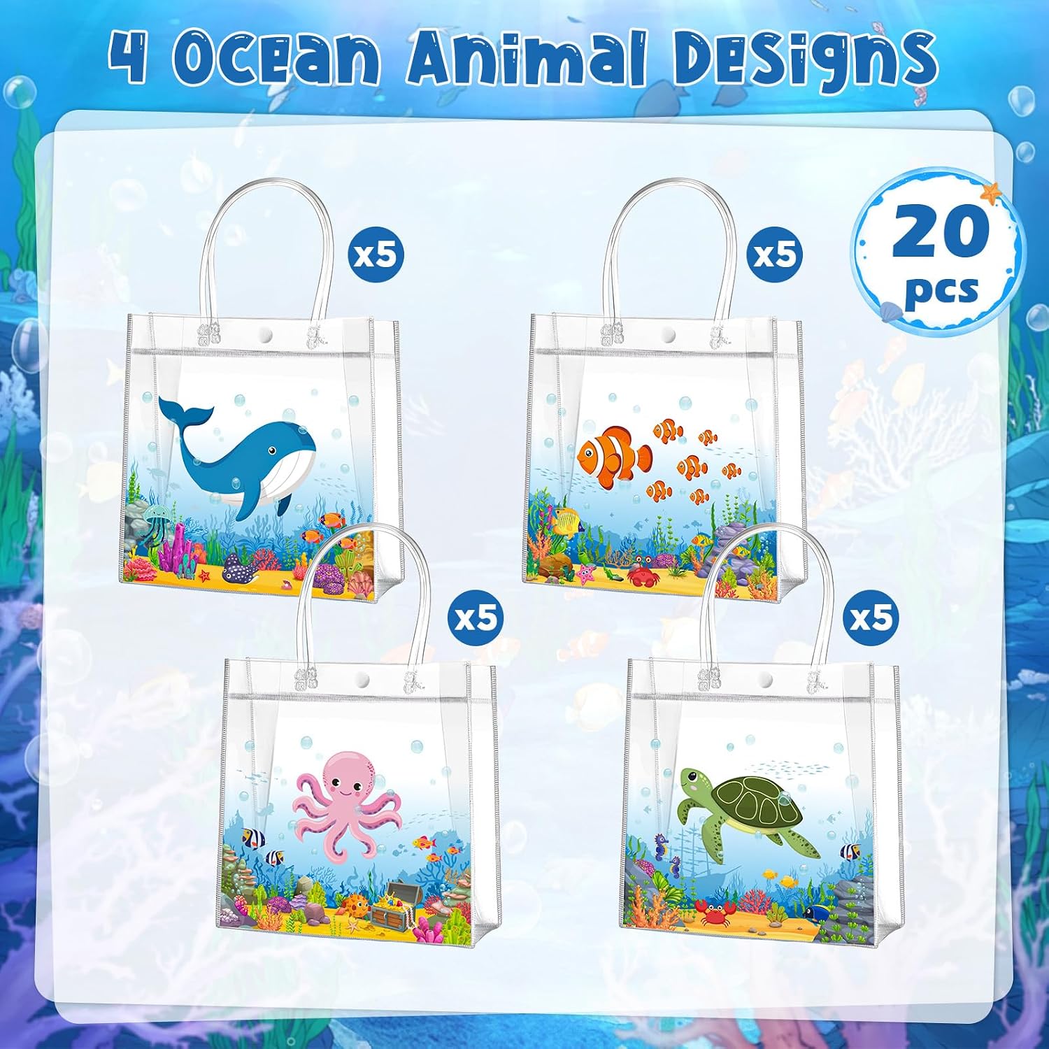 Aliceset 20 Pcs Under the Sea Party Clear Favor Bags with Handles Sea Party Candy Treat Bags Marine Ocean Animals Theme Goodies for Birthday Baby Shower Supplies Candy Snack Wrapping