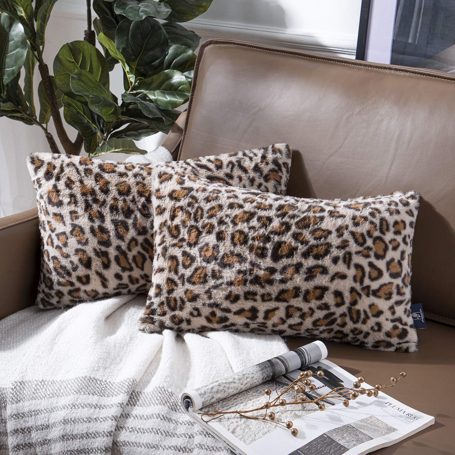 Phantoscope Set of 2 Decorative Leopard Series Soft Plush Fur Throw Pillow Case Cushion Cover Coffee 12 x 20 inches 30 x 50 cm