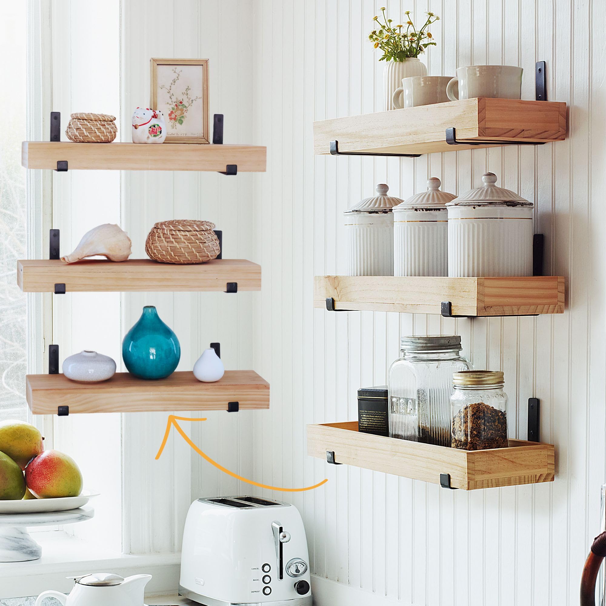 Autumn Alley Natural Wood Floating Wood Shelves for Wall – 3-Tier Wood Wall Shelves, Floating Wooden Shelf Set for Nursery, Bathroom, Kitchen, or