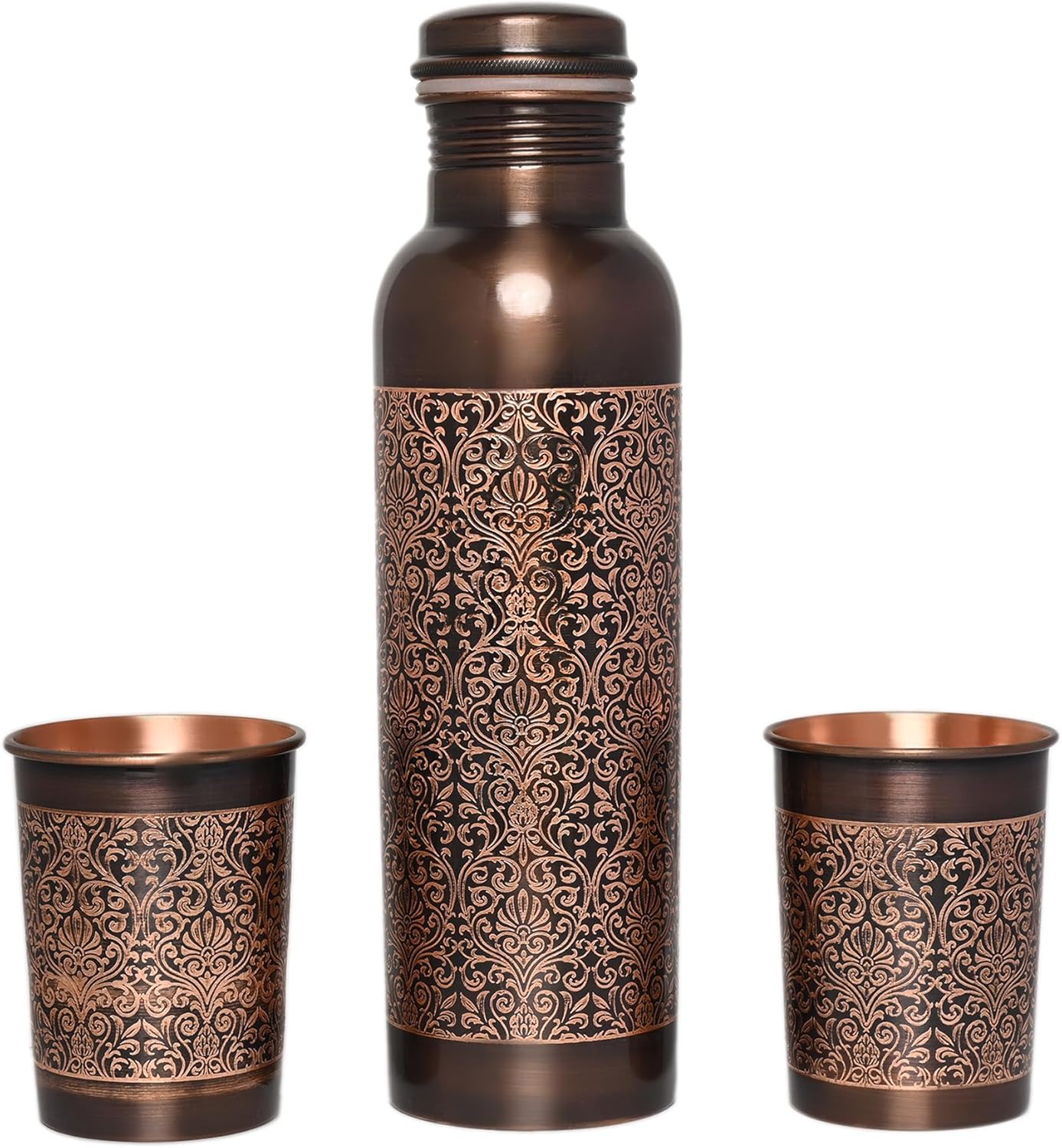 Pure Copper Water Bottle with 2 Tumblers Set, Beautiful Floral Pattern For Ayurveda Health Benefits