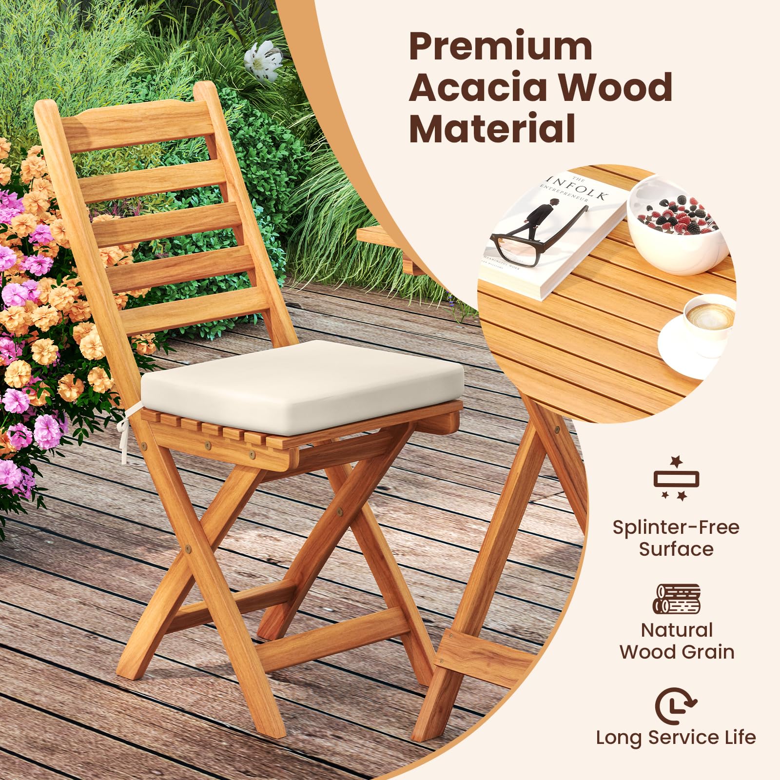 GIANTEX Mobili da balcone piccolo balcone, tavolo da bistrot con 2 sedie, set di mobili da giardino in legno pieghevole, set da balcone per esterni, per 2 persone, set da giardino con cuscino