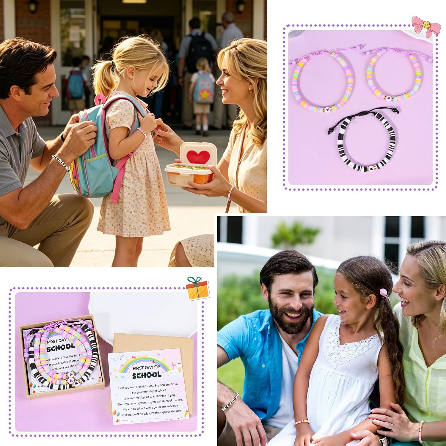 First Day of School Mommy and Me Matching Bracelets Kindergarten Pre-K Back to School Clay Bead Jewelry for Mother, Daughter, Dad, Son Adjustable Heart Bracelets Gift image 3