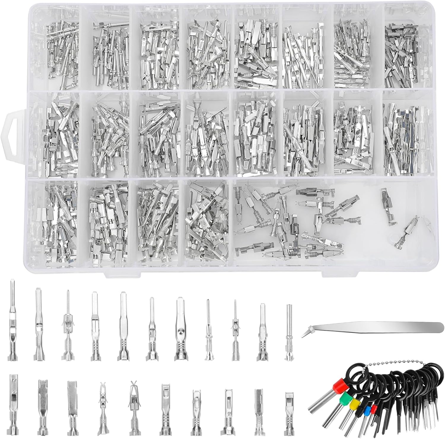 Linkstyle 420PCS Connector Pins Terminal Kit, 21 Types Automotive Car Electrical Wire Terminal 1/1.5/1.8/2.2/2.8/3.5mm Non-insulated Plug Male Female Crimp Seals Wire Connectors w/18pin Extractor Tool