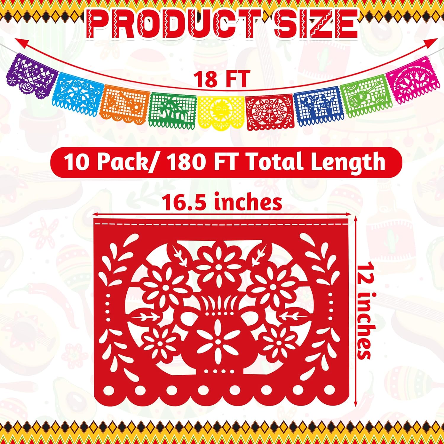 10 Pack Mexican Banner, 180 FT Fiesta Decorations Cinco De Mayo Party Decor Plastic Papel Picado Mexican Themed Party Banner Flags Colorful Indoor Outdoor Dia De Los Muertos Home Decor