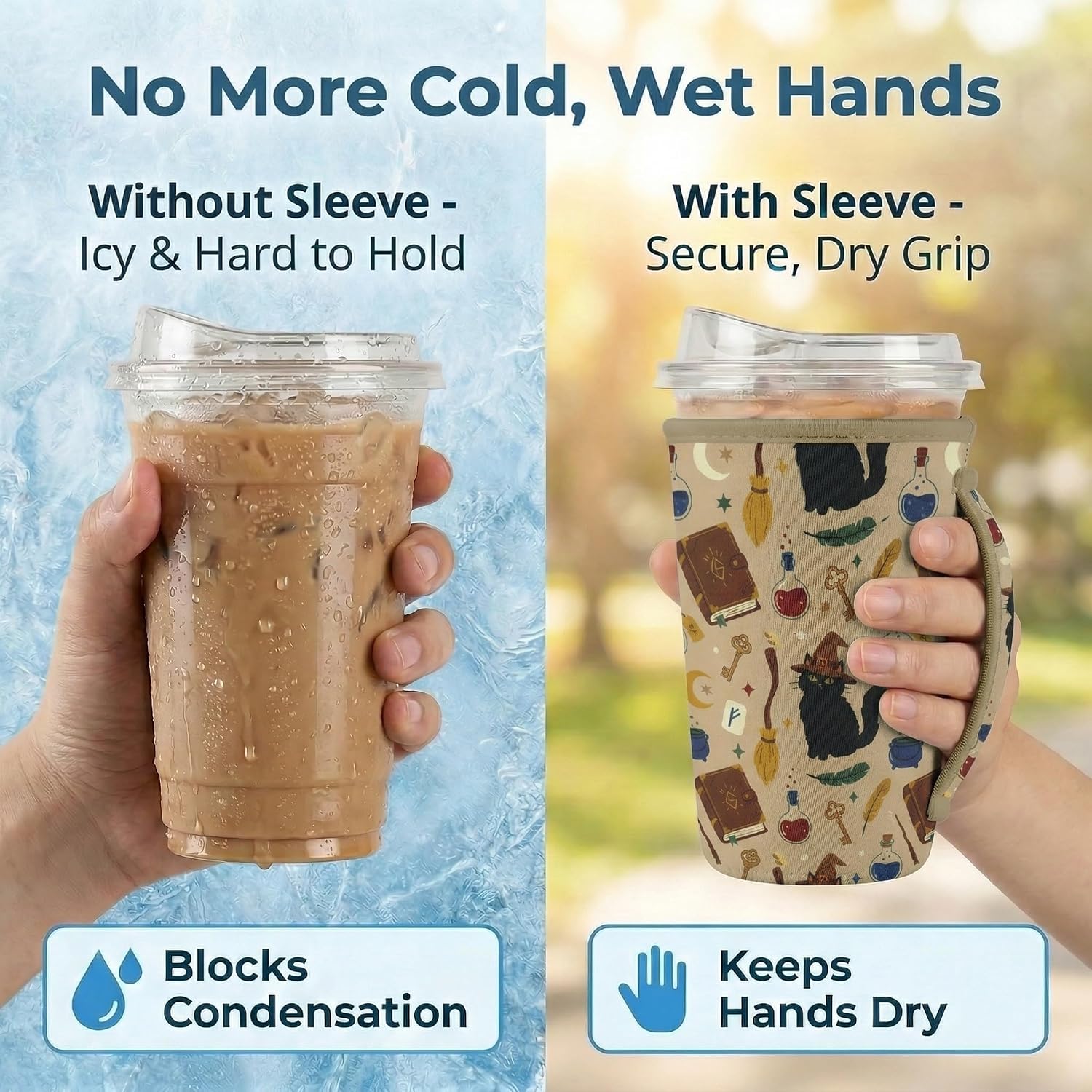 Artsocket 3 Pack Iced Coffee Sleeve with Handle, 16oz-32oz, Witchy Cat Gothic image 3