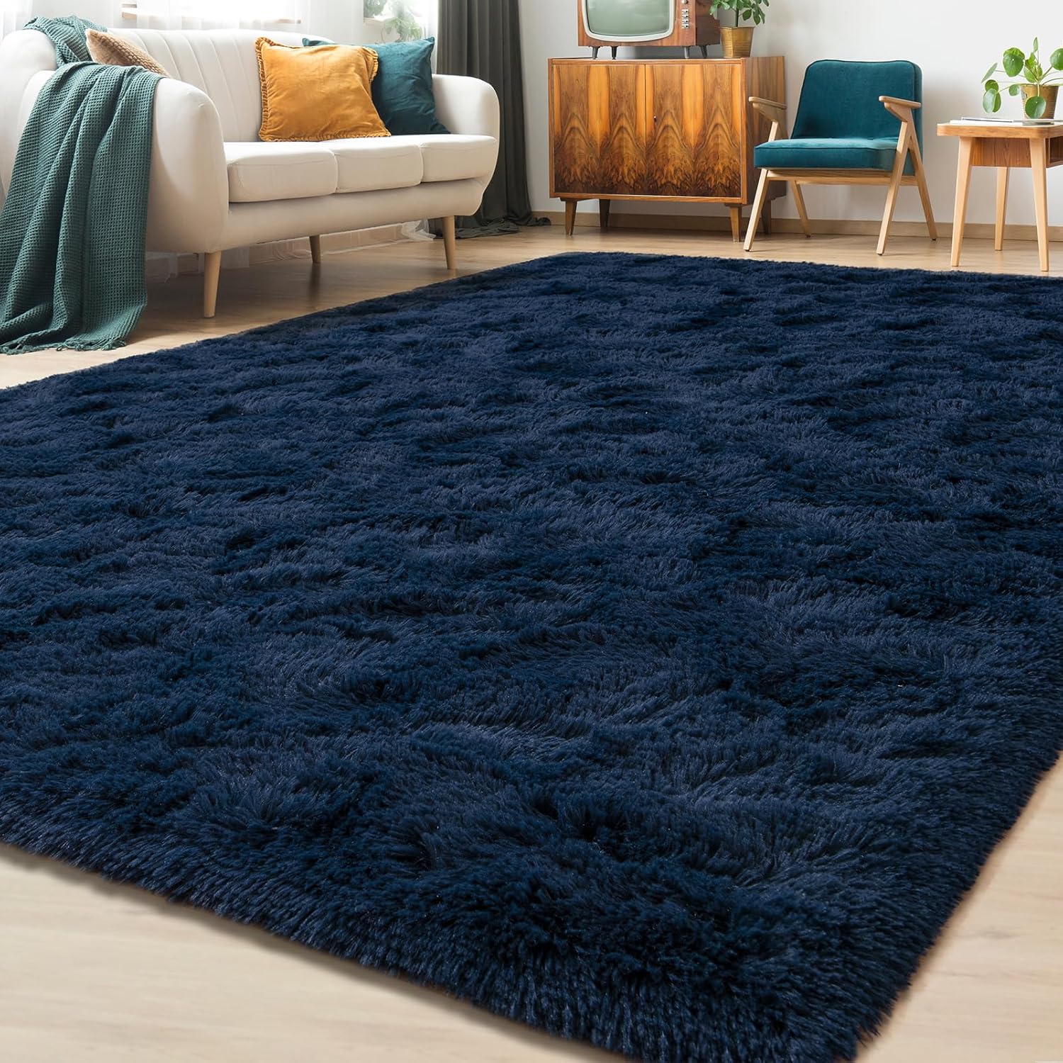 rugs for living room 7x10 feet area rug for bedroom ultra soft shaggy carpet for home decor long plush fluffy mat faux fur rug for bedside nursery kids room college drom, navy blue 7x10 feet navy blue