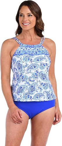 Maxine of Hollywood Women's High Neck Tankini Swimsuit Top, Blue//Positano Paisl