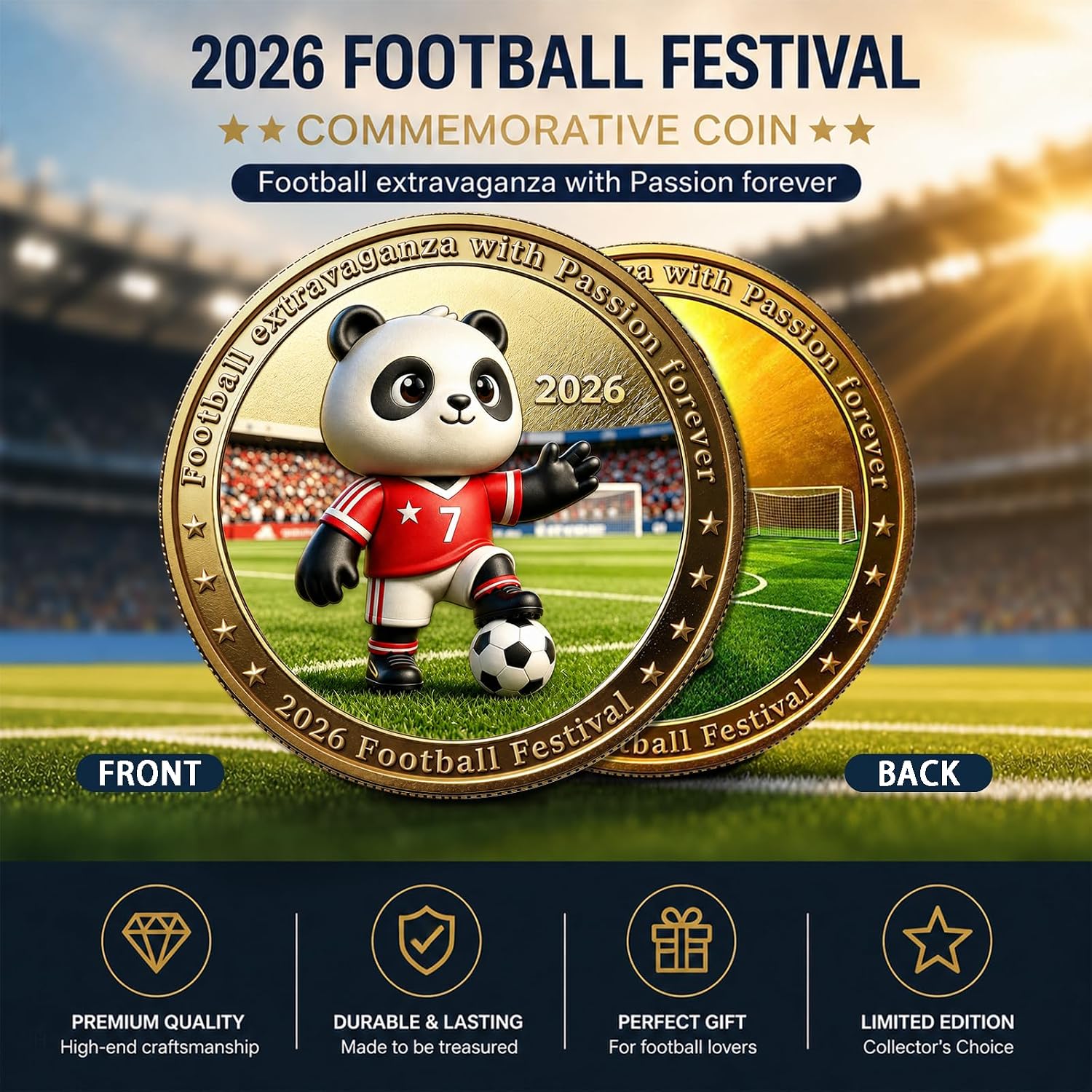 Animal Soccer Challenge Coin Collectible Series, Cute Football Novelty Token, Gold Plated Sports Souvenir Gift for Fans & Collectors (Panda) image 3