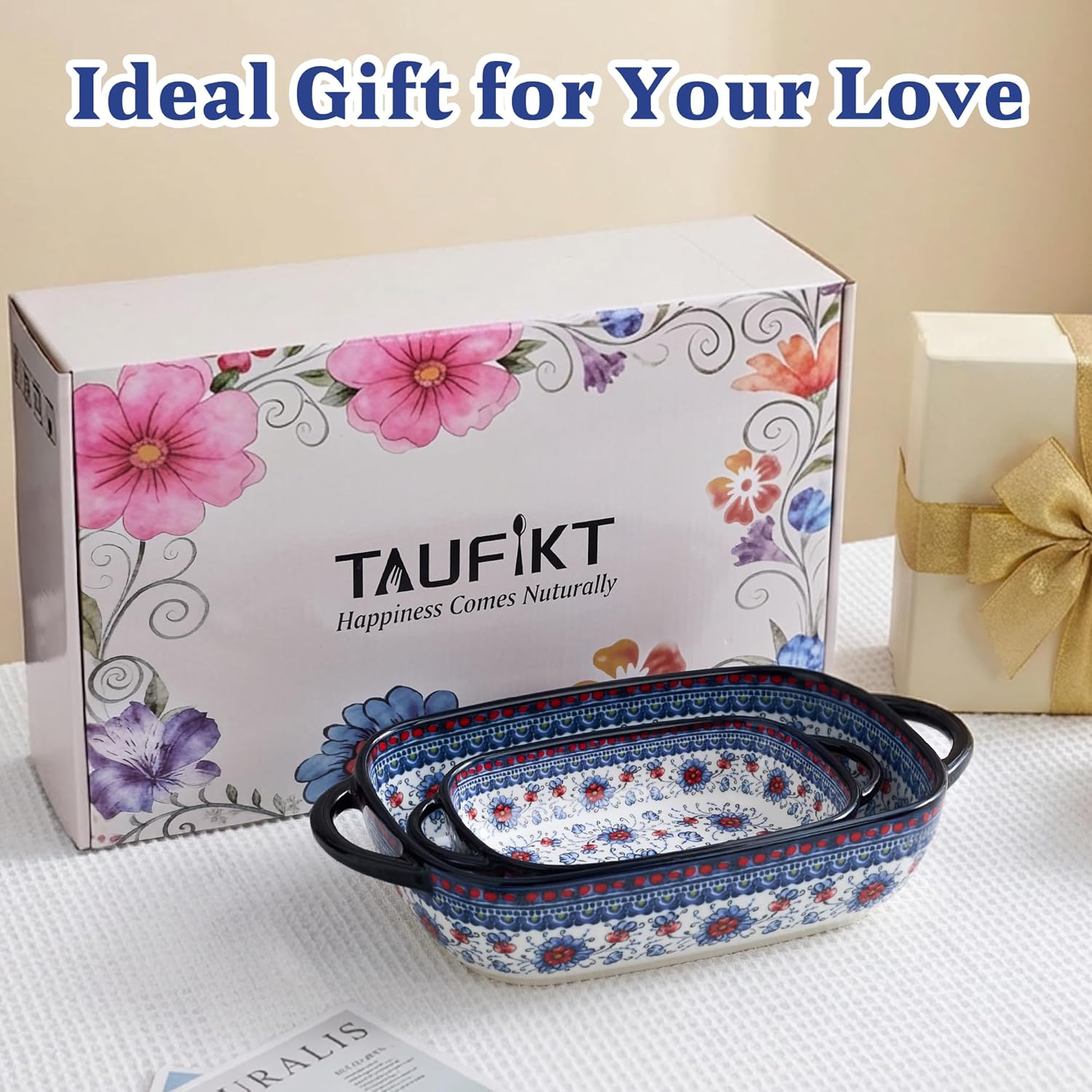 Ceramic Casserole Dishes for Oven, Hand-painted Polish Pottery Baking Dish Set of 2, 0.8QT / 2QT Porcelain Casserole Dishes with Handles, Baking Pan Lasagna Pan, Gift for Family/Friend (Blue)