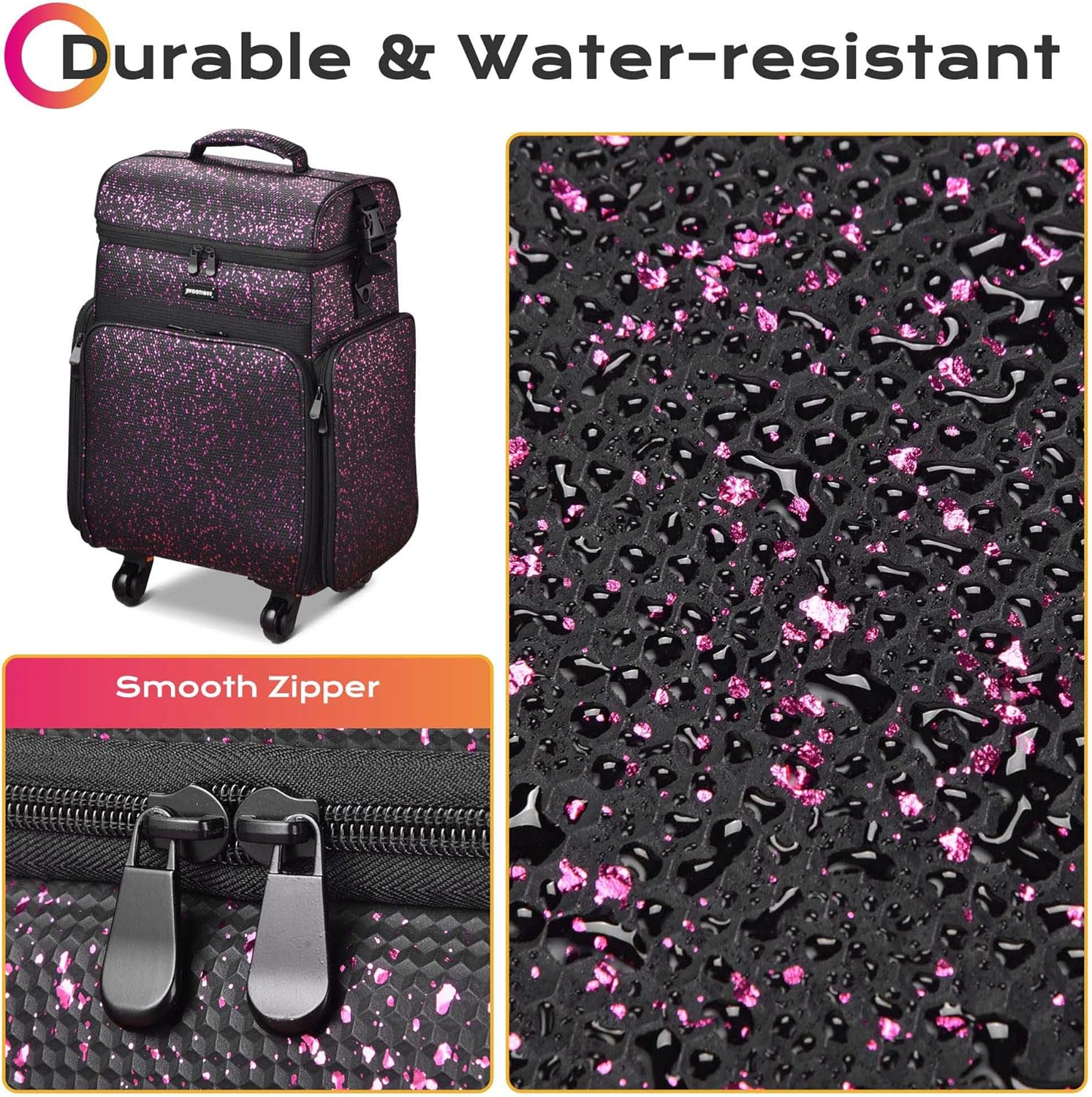 BYOOTIQUE Soft Sided Rolling Makeup Train Case Cosmetic Organizer Crocodile Makeup Case Trolley for Makeup Artist Nail Technician Hairstylist Crafters with Detachable Pouch & Shoulder Strap,Purple