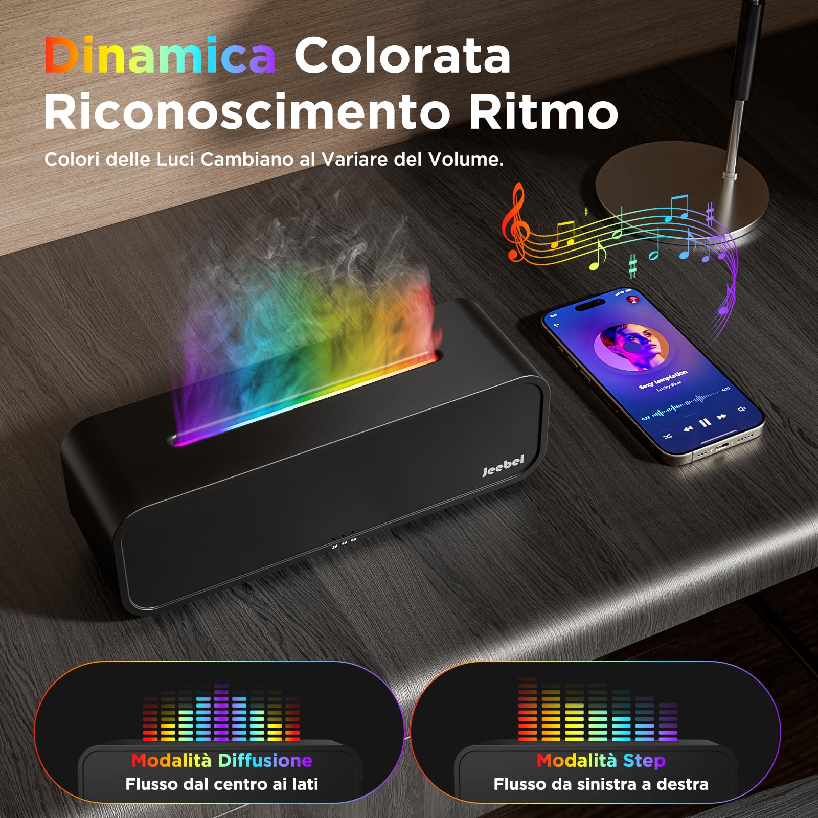 Jeebel Diffusore Aromi per Oli Essenziali, Diffusore con Rilevamento Ritmo/Variazione Fiamma RGB/Telecomando/7 modalità/Timer, 250ml Mini Umidificatore Portatile per Aromaterapia Camera Letto/Ufficio