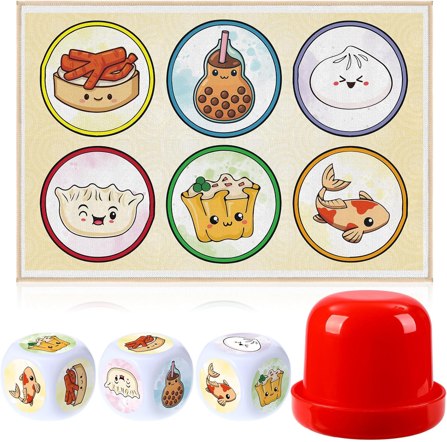BAU Cua Dice Game Set, Vietnamese Lunar New Year Dice Gourd Fish Shrimp Crab Game with 15.7'' x 23.6'' Mat, Shaker Traditional BAU Cua Ca Cop for Adult Party Gathering Celebration(Dim Sum)