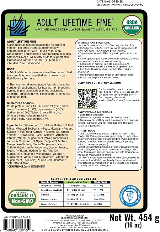 Harrison's Bird Foods Bird Food Adult Lifetime Fine Certified Organic Non-GMO Formula Bird Food 1lb