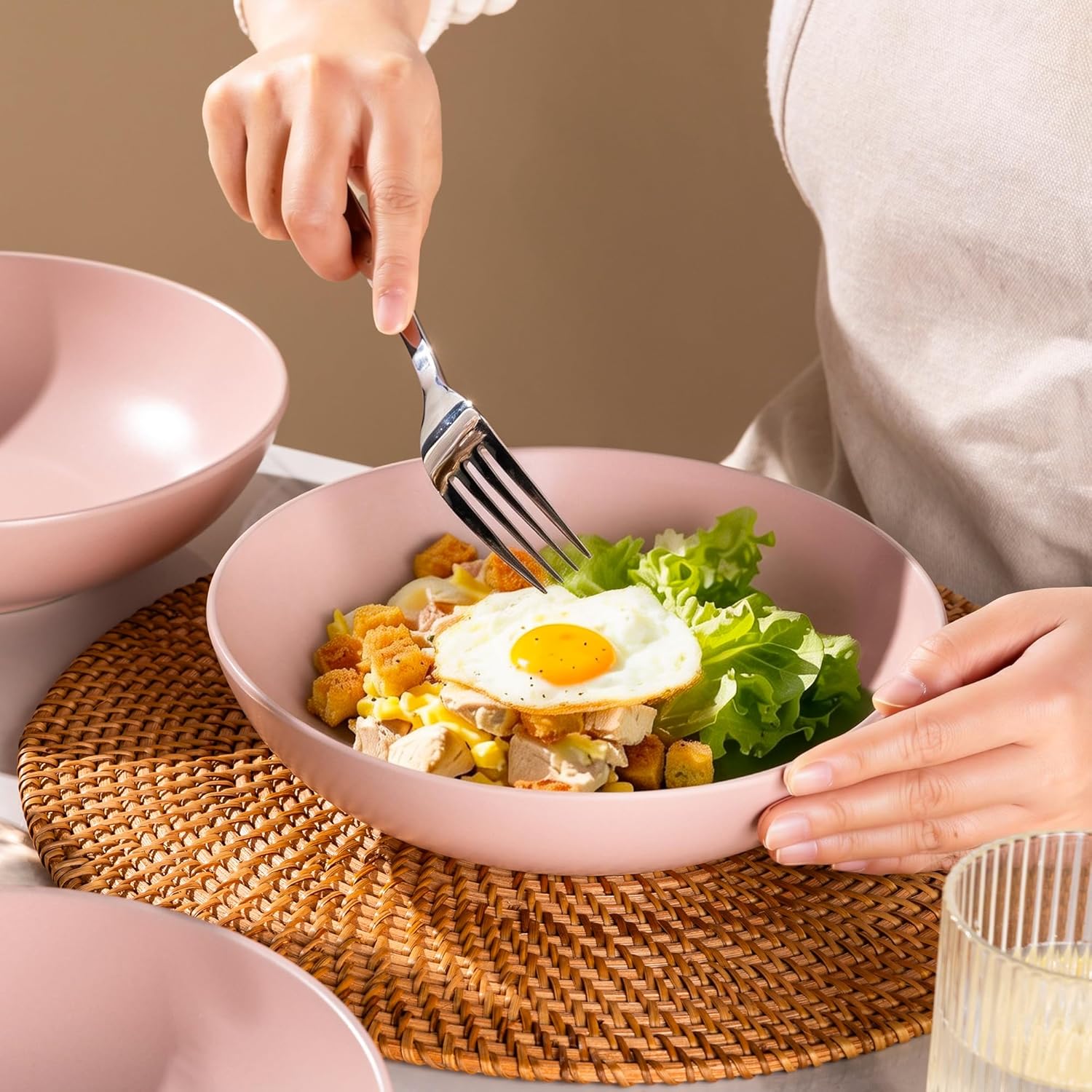 AmorArc 8.75‘’ Large Pasta Bowls, 42 ounce Deep Stoneware Bowls Set of 4 for Kitchen, Wide Bowl for Pasta/Salad/Fruit/Oatmeal/Soup, Microwave&Dishwasher Safe-Matte Pink