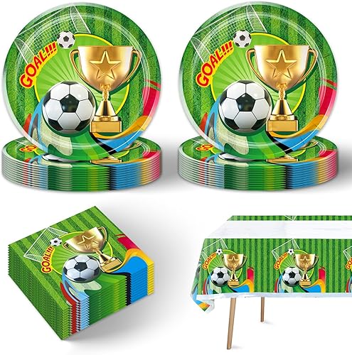 41 suministros de fiesta de fútbol, incluye 20 platos, 20 servilletas y 1 mantel, utilizado para decoración de fiesta de cumpleaños de fútbol (verde