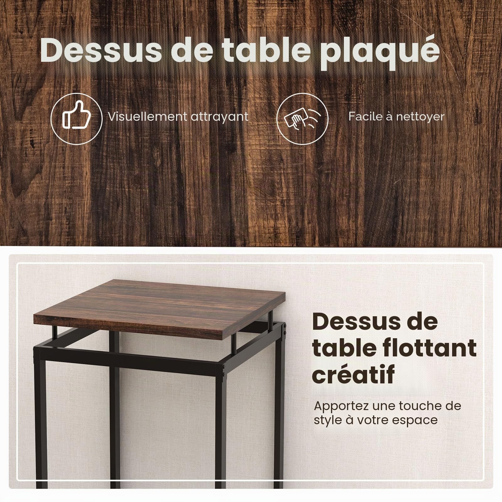 GIANTEX Table de bar avec tabourets de bar, table à manger et 2 chaises, petite table de cuisine de hauteur de comptoir, table haute avec plateau flottant, ensemble de salle à manger, design