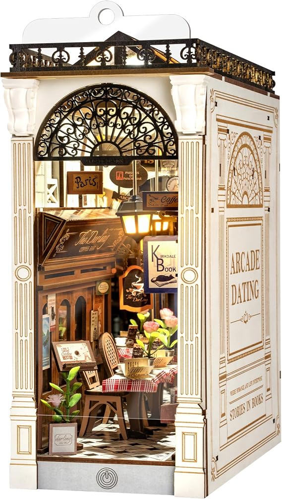 ROBOTIME DIY Book Nook Kits Dollhouse Room Bookstore Miniature House with LED Light 3D Wooden Puzzles for Adults Booknook Bookshelf Insert Decor Diorama Kit Unique Gifts(Arcade Dating)
