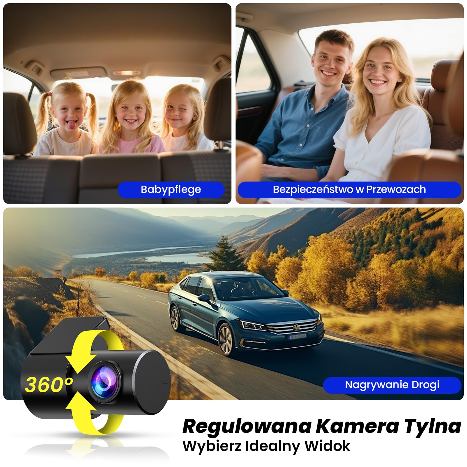 Kamera samochodowa Dashcam podwójna 4K/2K WiFi z aplikacją – Przednia 4K + Tylna 2K, Mini Kamera Samochodowa, Karta 64 GB, Noktowizja, Nagrywanie w pętli, Tryb Parking 24 h