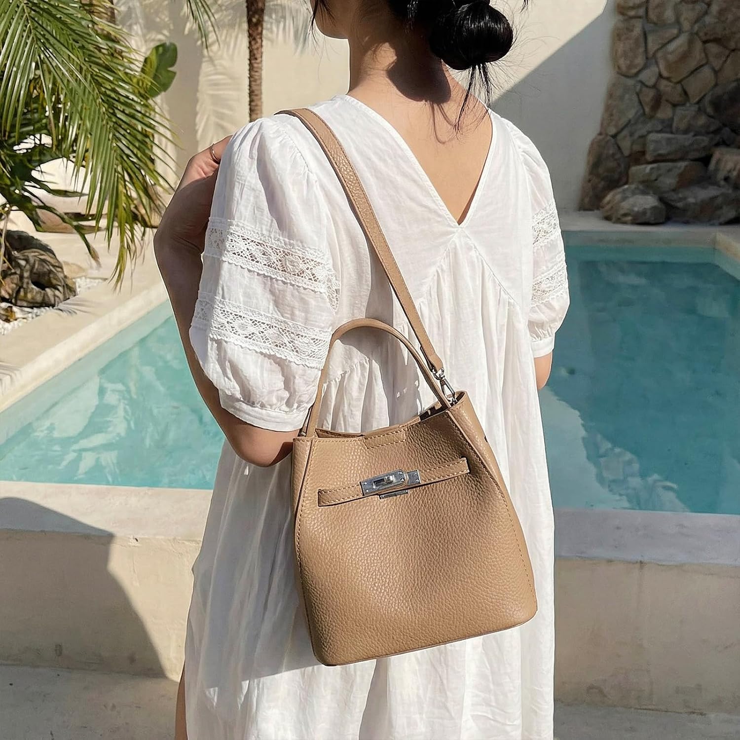JQAliMOVV Bucket Bags for Women Small Faux Leather Bucket Purse Designer Top Handle Satchel Handbag Shoulder Bag image 3