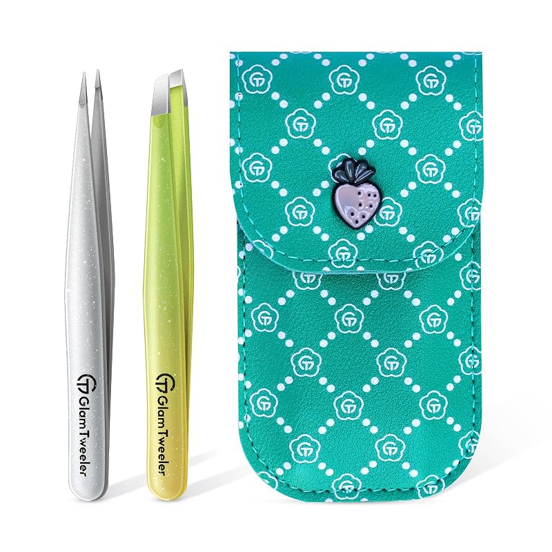 Conjunto de pinças GlamTweeler com ponta chanfrada e ponta fina, estojo de armazenamento e transporte, Sparkle Apple Green + Silver